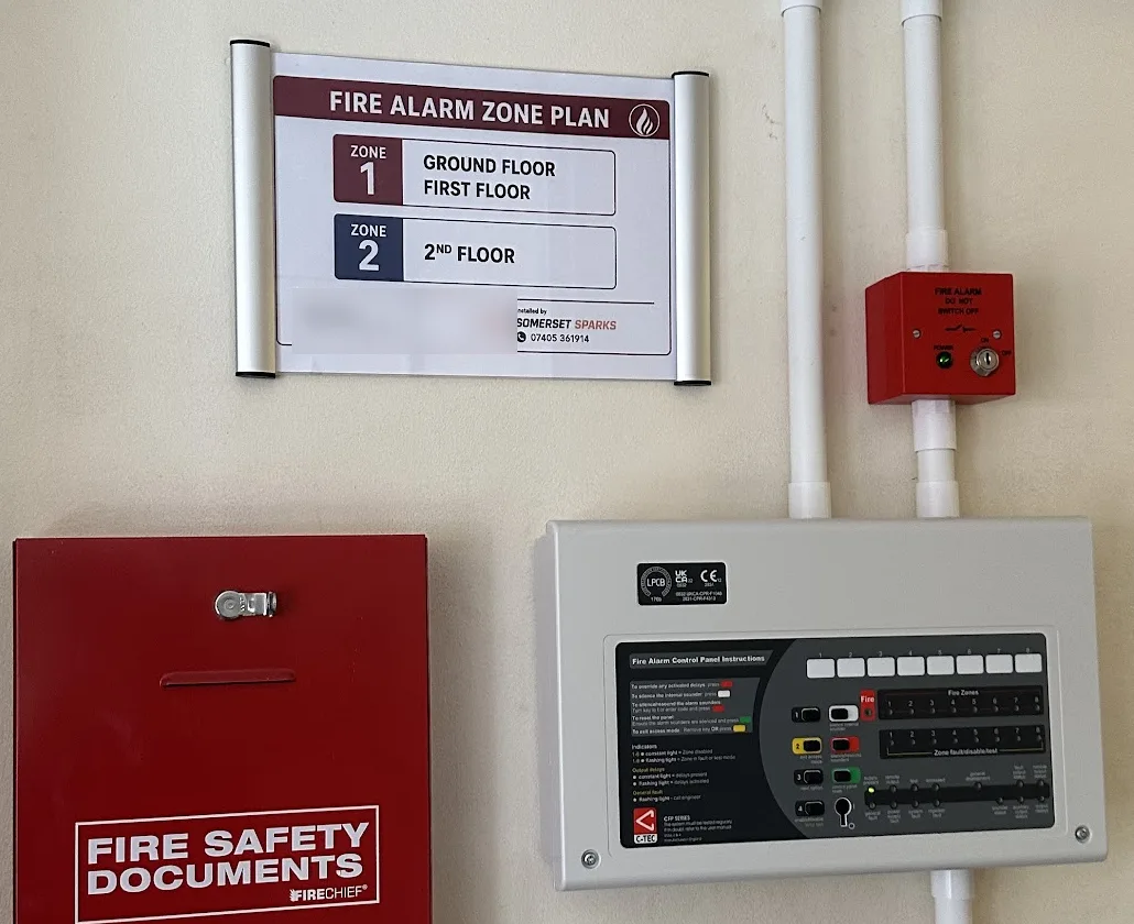Fire alarm control panel, zone plan and call point