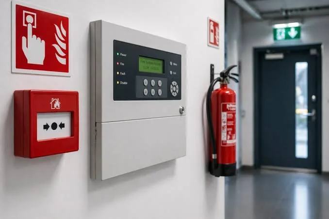 A fire alarm panel, manual call point and extinguisher beside a door and exit sign